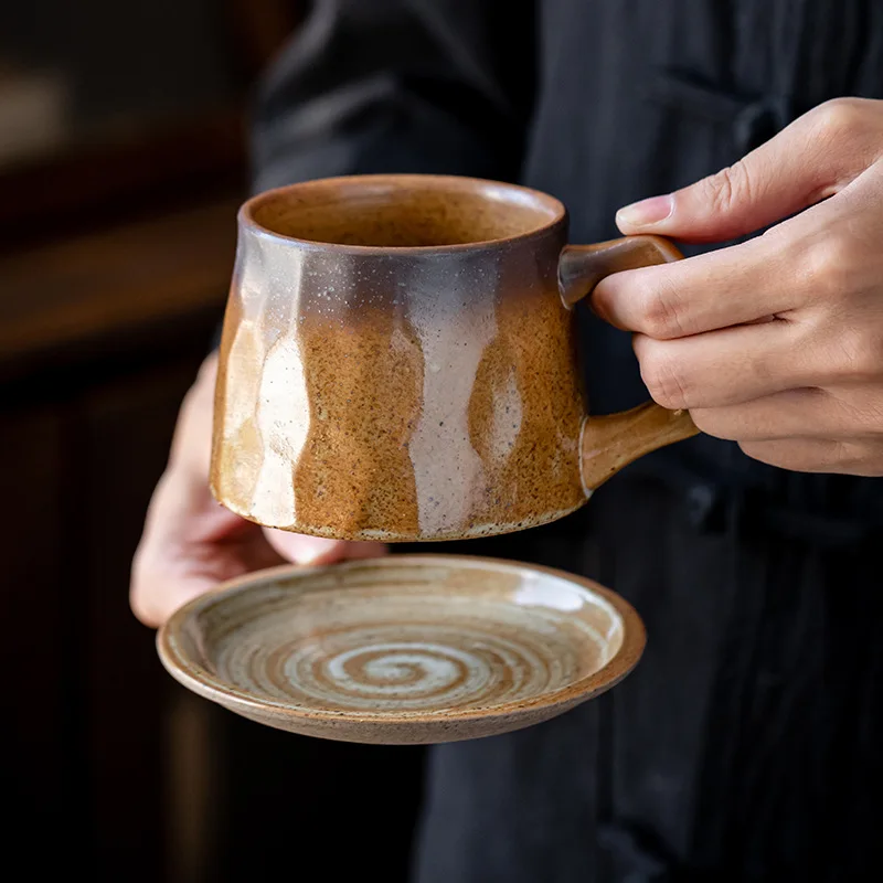 

300 мл грубая керамика в японском стиле кофейные кружки керамическая с блюдцем чашка для завтрака пигментированная термостойкая посуда для ...
