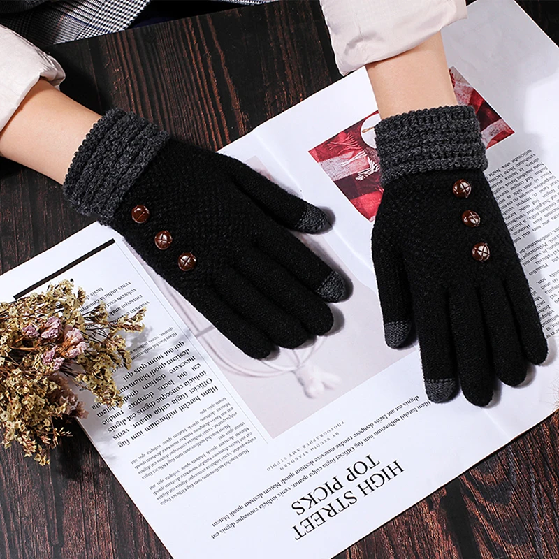 

Women Men Winter Touch Screen Gloves Warm Stretch Knit Mittens Imitation Wool Full Finger Botton Female Crochet Luvas Thicken