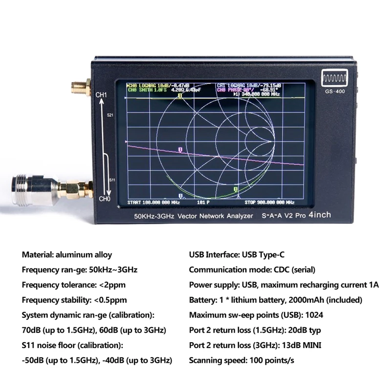 GS400 Vector Network Analyzer Portable 50KHz-3GHz NanoVNAV2 3G Aluminum Alloy Housing with 4 Inch LCD TFT Display Screen
GS400 Vector Network Analyzer Portable 50KHz-3GHz NanoVNAV2 3G Aluminum Alloy Housing with 4 Inch LCD TFT Display Screen
