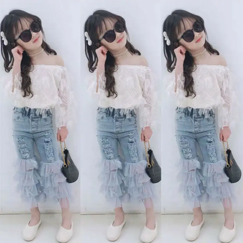 Summer Kids Girl Princess Elegant Clothes Lace Mesh Off-Shoulder T-shirt +Ruffle Hole Long Denim Pants Outfits
Summer Kids Girl Princess Elegant Clothes Lace Mesh Off-Shoulder T-shirt +Ruffle Hole Long Denim Pants Outfits