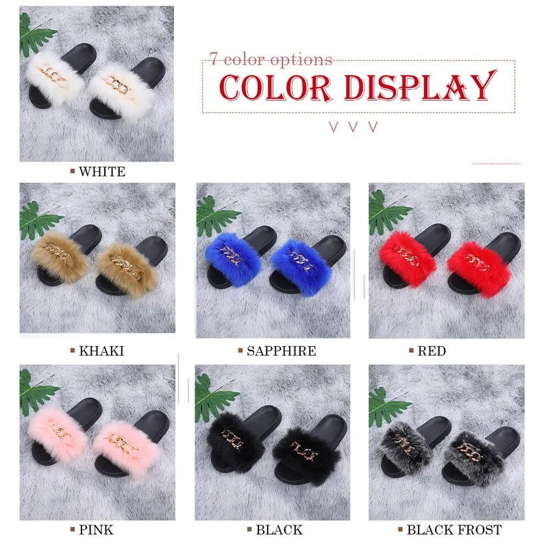 Women Slippers Fluffy Flip Flops Imitation Fox Fur Slippers Designer Golden Chain Furry Fur Slides Plush Beach Summer Sandals
Women Slippers Fluffy Flip Flops Imitation Fox Fur Slippers Designer Golden Chain Furry Fur Slides Plush Beach Summer Sandals