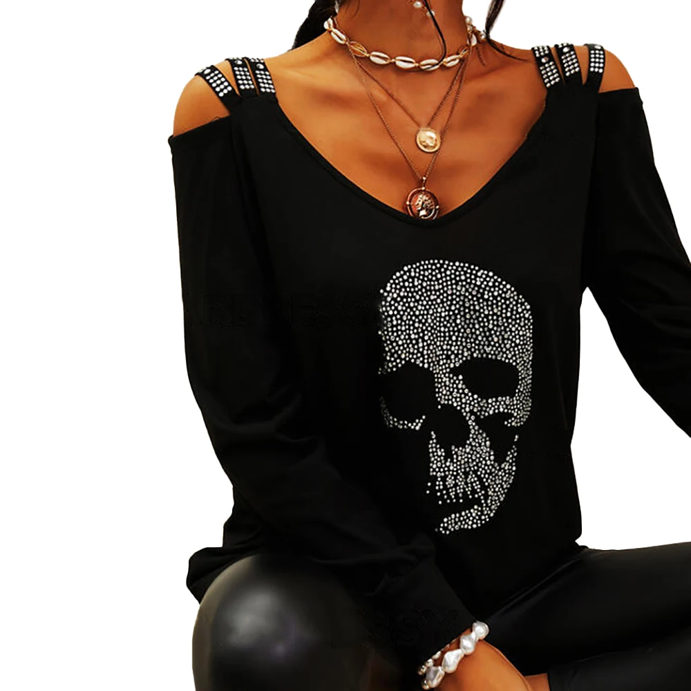 

Summer Women Sexy V Neck Cold Shoulder Tops Rhinestone Skulls Long Sleeve T-shirt Casual Female Clothing Blouses Pullovers-2XL
