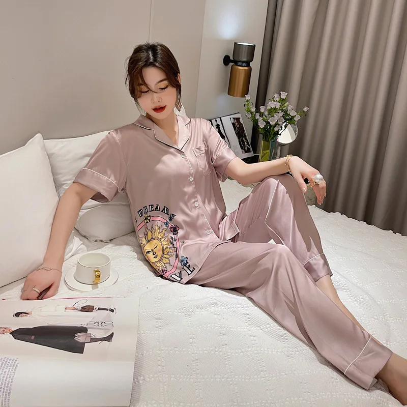 Sun Smiling Face Womens Two Peice Sets Pajamas Ice Silk Short Sleeve Button Up Shirt Sleepwear Leisure Comfortable Home Clothes
Sun Smiling Face Womens Two Peice Sets Pajamas Ice Silk Short Sleeve Button Up Shirt Sleepwear Leisure Comfortable Home Clothes