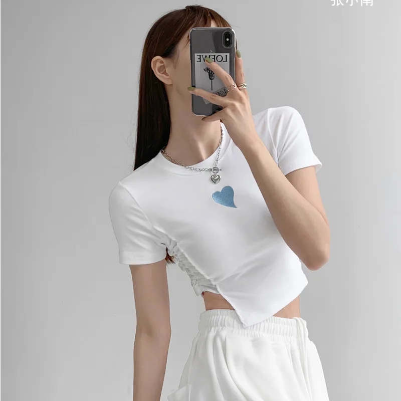 TVVOVVIN Sweet Spicy Girl Heart Embroidery Round Neck T-shirt Irregular Drawstring Bottomed Shirt Short Sleeve Love Tops C22C
TVVOVVIN Sweet Spicy Girl Heart Embroidery Round Neck T-shirt Irregular Drawstring Bottomed Shirt Short Sleeve Love Tops C22C