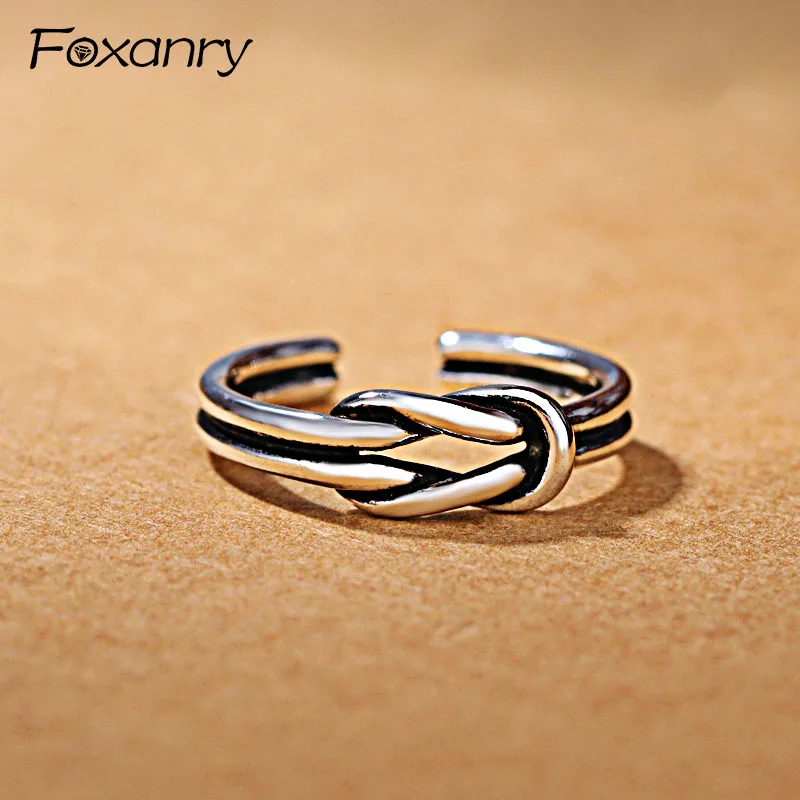 

Foxanry 925 Sterling Silver Party Rings for Women Couples Vintage Fashion Love Heart Knot Twining Handmade Jewelry Adjustable