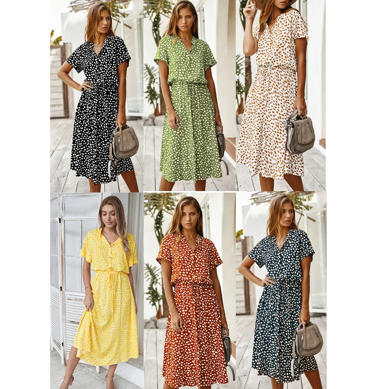 Женское однобортное платье миди в горошек, модное летнее платье А-силуэта с коротким рукавом, высокой талией и поясом в богемном стиле 
Женское однобортное платье миди в горошек, модное летнее платье А-силуэта с коротким рукавом, высокой талией и поясом в богемном стиле