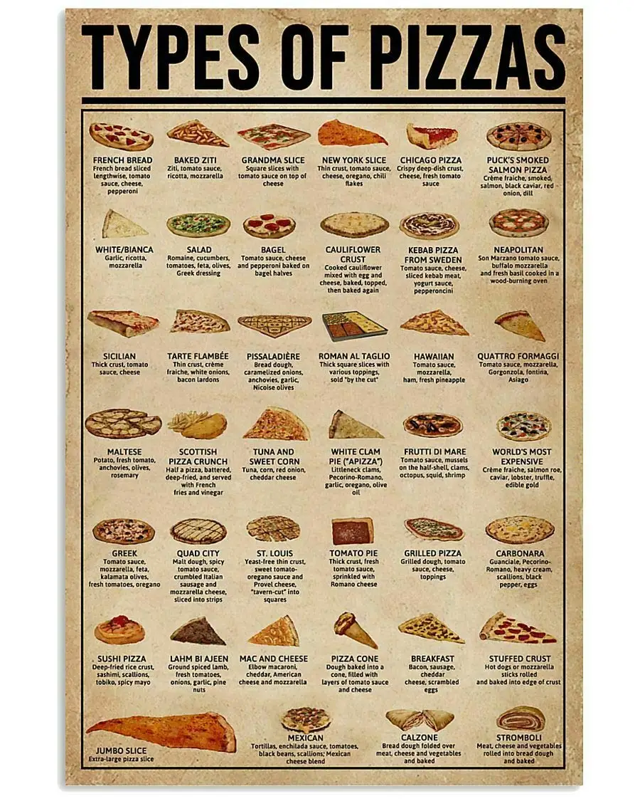 Types of Pizza Yummy for Kitchen Metal Tin Sign Retro Kitchen Garden Restaurant Farm Shopping Mall Bar Cafe Man Cave Farm Wall
Types of Pizza Yummy for Kitchen Metal Tin Sign Retro Kitchen Garden Restaurant Farm Shopping Mall Bar Cafe Man Cave Farm Wall