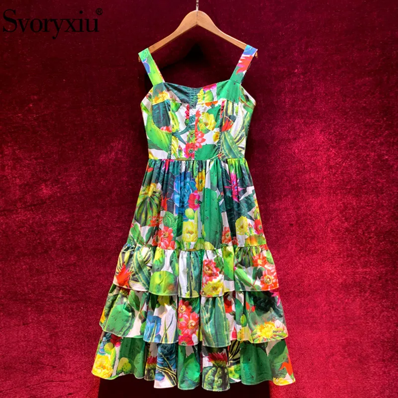 

Женское платье на бретельках Svoryxiu, разноцветное Хлопковое платье с каскадными оборками и принтом в виде цветков кактуса на лето 2019