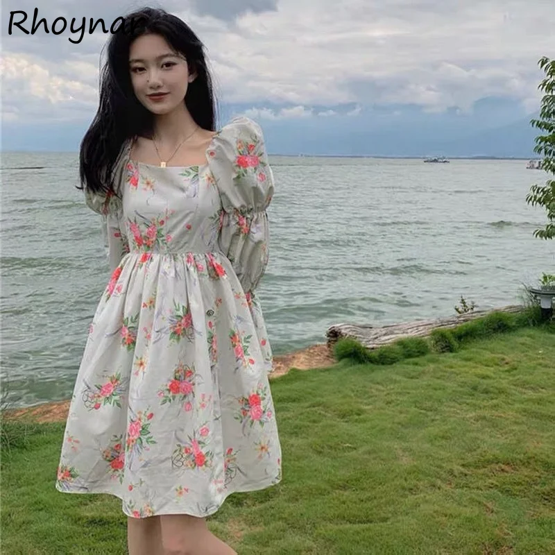 

Flare Sleeve Dress Women Autumn Chic Holiday Cozy Tender Lady Korean Style Floral Sweet Leisure Square Collar Fashion All-match