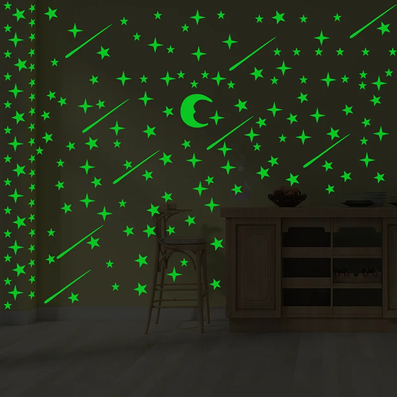 

Green Luminous Star Moon Meteor Combination Wall Sticker Living Room Children's Room Decoration Holiday Party Luminous Sticker