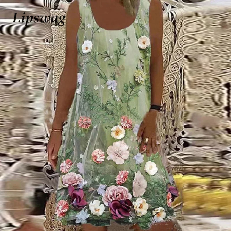 Fashion Flower Print Loose Party Dress Women Spring O Neck Sleeveless Tank Dress Summer Lady Elegant A-Line Beach Dress Vestido 
Fashion Flower Print Loose Party Dress Women Spring O Neck Sleeveless Tank Dress Summer Lady Elegant A-Line Beach Dress Vestido