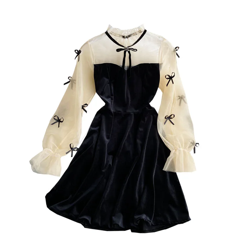 2020 New Autumn/winter Mesh Stitching V-neck Black Dress Female Waist Thin A-line Dress HK088 
2020 New Autumn/winter Mesh Stitching V-neck Black Dress Female Waist Thin A-line Dress HK088