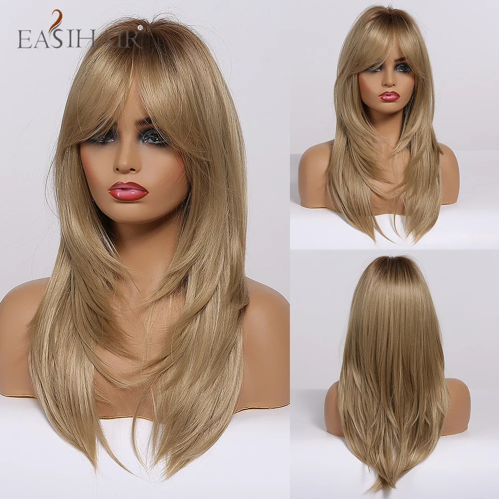 

EASIHAIR Medium Length Ombre Brown Blonde Women Wig with Bangs Synthetic Wigs Layered Natural Hair Wig Cosplay Heat Resistant