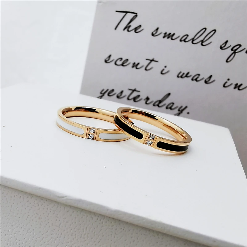 

YUN RUO Fashion Black Enamel Zirconia Rings Rose Gold Color Woman Birthday Gift Titanium Steel Jewelry Never Fade Drop Shipping