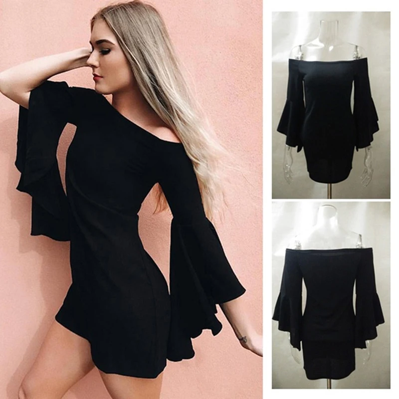 2020 Summer Women Mini Dress Sexy Slash Neck Flare Sleeve Short Slim Fit Dresses Fashion Casual Party Dresses Sheath Black Dress
2020 Summer Women Mini Dress Sexy Slash Neck Flare Sleeve Short Slim Fit Dresses Fashion Casual Party Dresses Sheath Black Dress