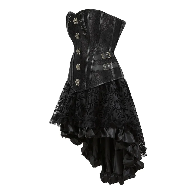 

Sapubonva Steampunk Corset Dress Burlesque Party Masquerade Gothic Victorian Lace Leather Bustier Overbust Corset Skirt Sets