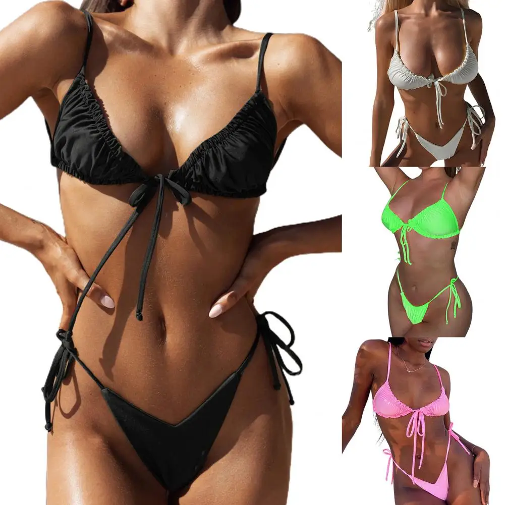 Bikini Set Women Sexy Padded Bra Low Rise G-strings Solid Color Bandage Summer Bathing Suit Swimming