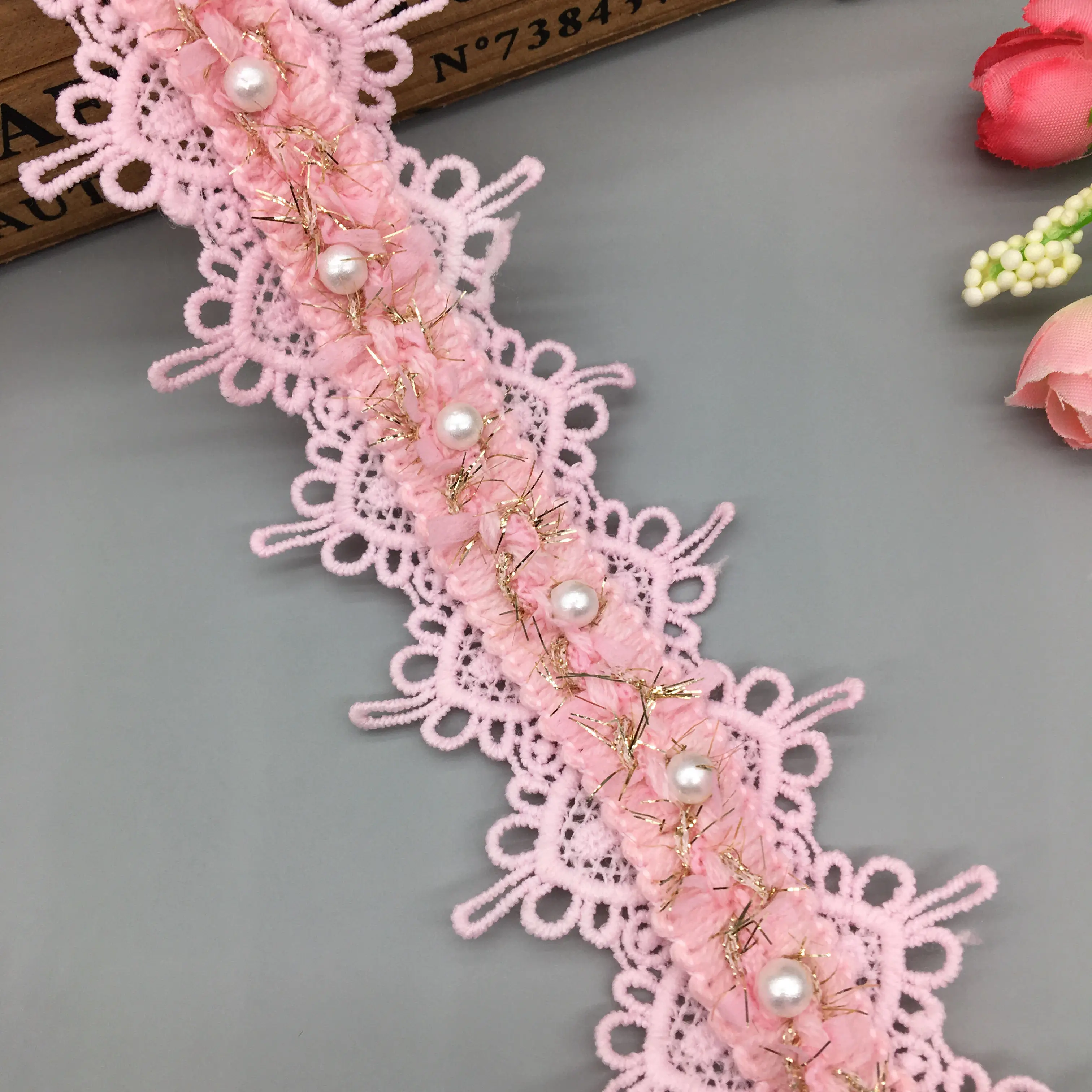 

1 ярд розовый хлопок жемчужный бисер кружево из золотых нитей отделка Лента для аппликации шитье ремесло крючком ткань отделка винтажная свадьба