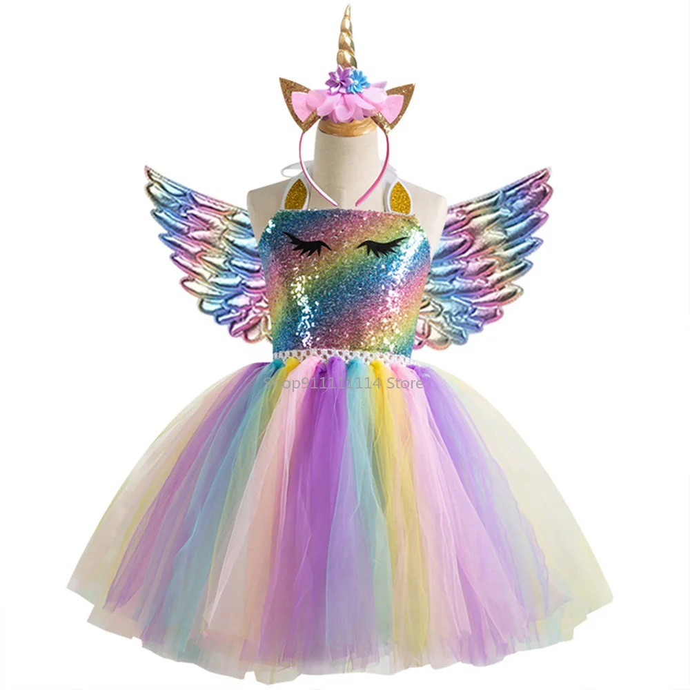 

Girls Unicorn Dress Dream Costume Dress Dressing Up With Headband Wings Fancy Prom Rave Party Princess Cosplay Christmas Gifts