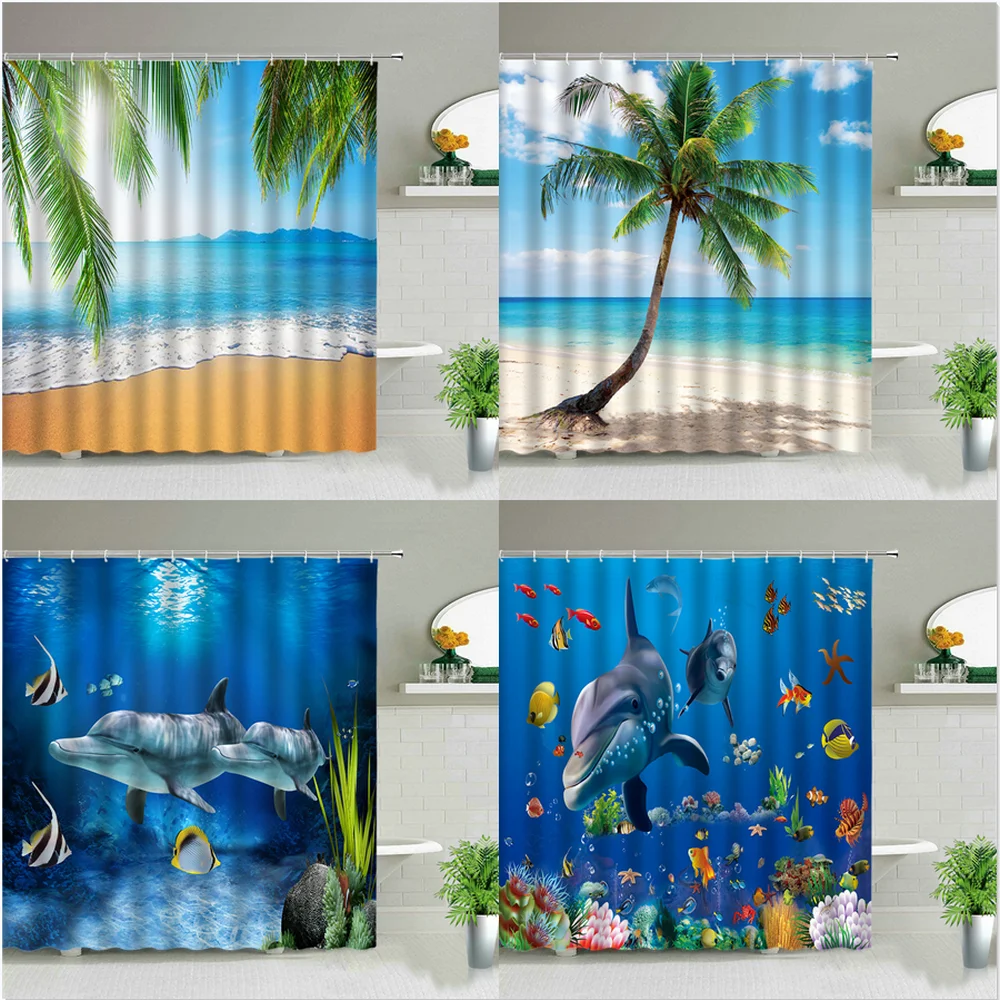 

Landscape Shower Curtains Sea Beach Woman Ocean Animal Dolphin Palm Tree Scenery Bathroom Screen Bathtub Decor Hanging Curtain