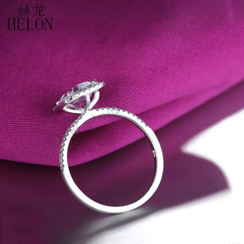 

HELON Real 14K White Gold Cushion 8x6mm Natural Aquamarine Diamonds Trendy Fine Jewelry Engagement Diamond Ring Women Best Gift