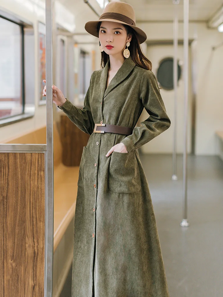 Vintage Long Sleeve Corduroy Dress Spring Autumn Army Green Windcheater Female Long Coat Temperament French Dress 
Vintage Long Sleeve Corduroy Dress Spring Autumn Army Green Windcheater Female Long Coat Temperament French Dress
