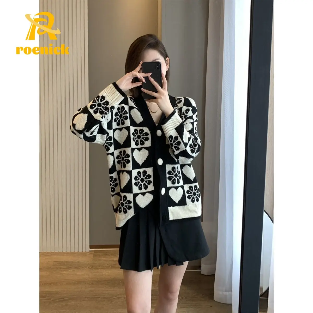 

ROENICK Women Fashion Jacquard Loose Knit Cardigans Sweaters Vintage Long Sleeve Knitwears Covered Buttons Outerwear Chic Tops