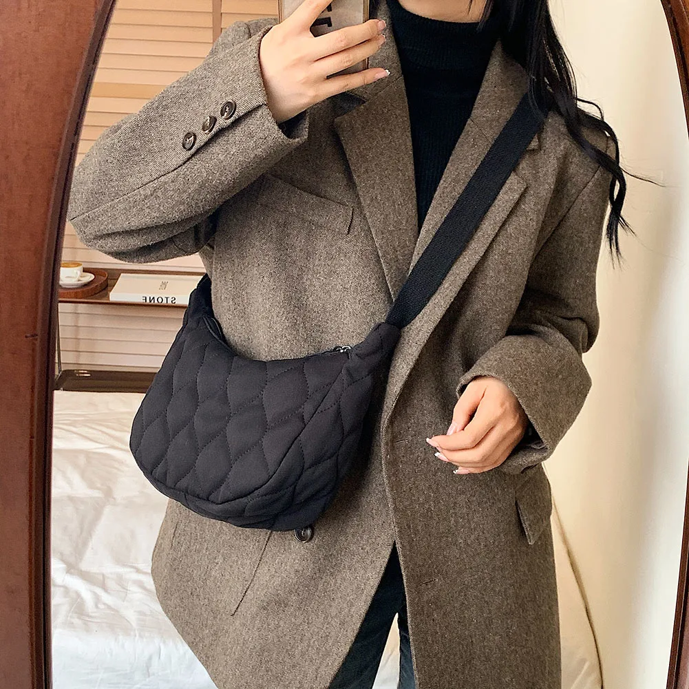

Fashion Quilted Women's Bag Nylon Cotton Padded Lattice Shoulder Bag Autumn Winter Lady Solid Color Zipper Crescent Handbags