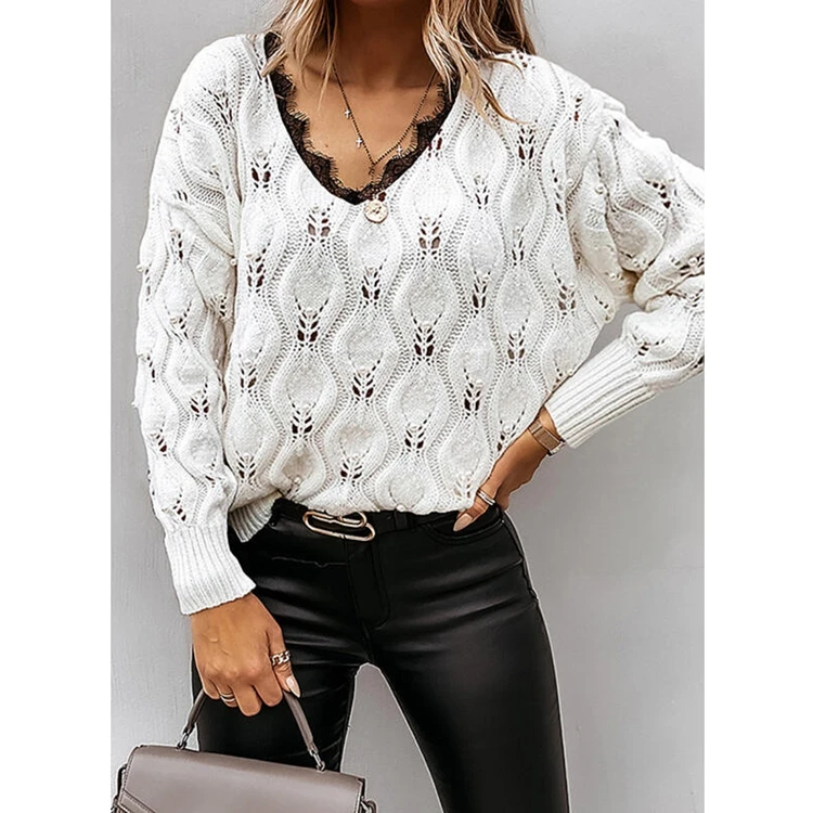 2021 New Women Casual Long Sleeve Loose Sweater Fashion Solid Color Lace Trim V-neck Knitwear
2021 New Women Casual Long Sleeve Loose Sweater Fashion Solid Color Lace Trim V-neck Knitwear