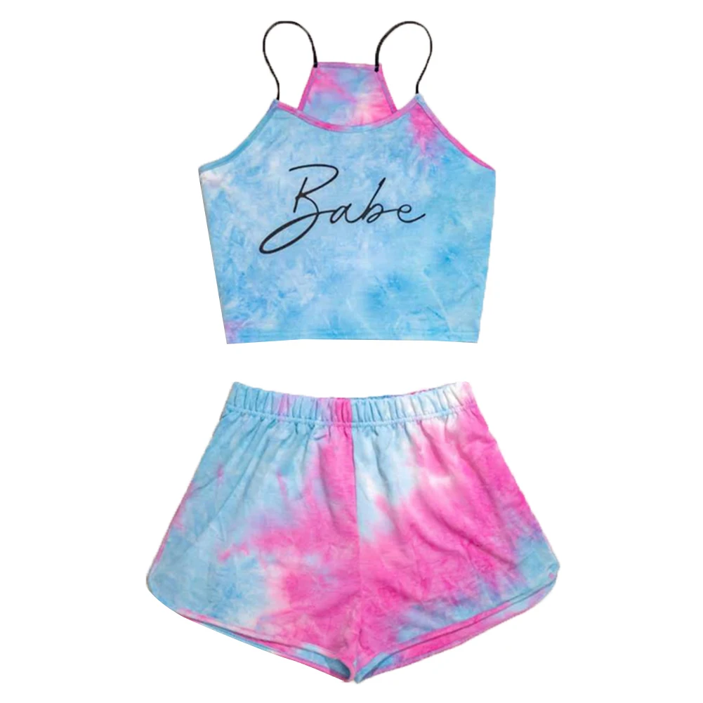 

4 Colors Women Ladies Summer Tie-dye Casual Suit Sexy Letter Print Midriff-baring Sling Camisole+Loose Elasticated Waist Shorts
