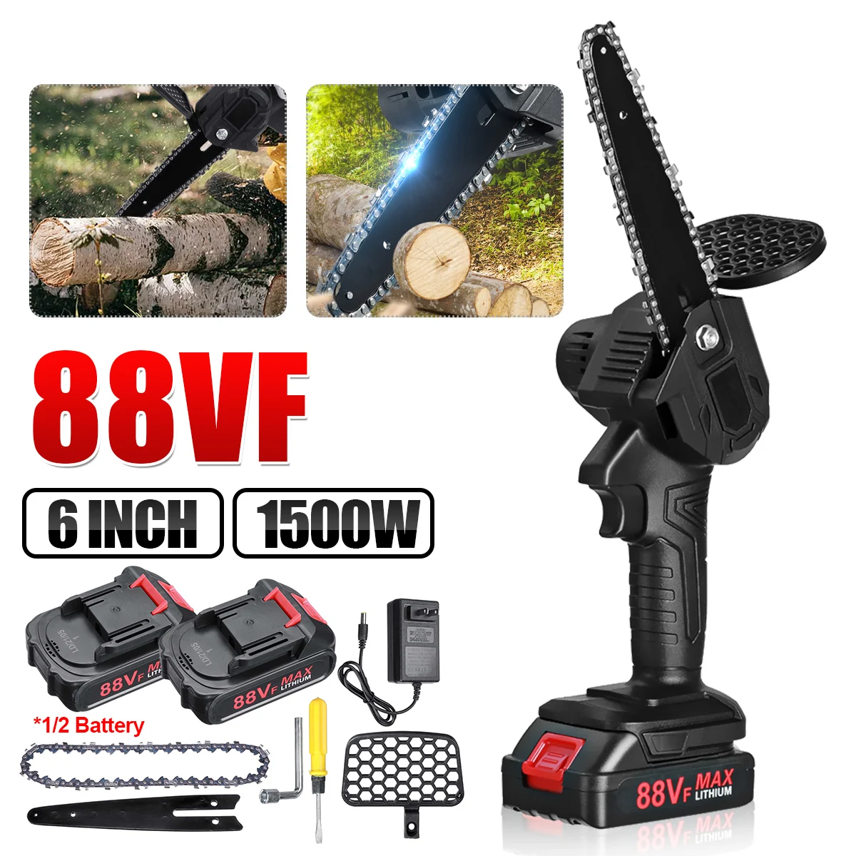 88V 6 Inch Electric Chain Saw 1500W With 2 Battery Rechargeable Woodworking Pruning One-handed Garden Logging Power Tool
88V 6 Inch Electric Chain Saw 1500W With 2 Battery Rechargeable Woodworking Pruning One-handed Garden Logging Power Tool