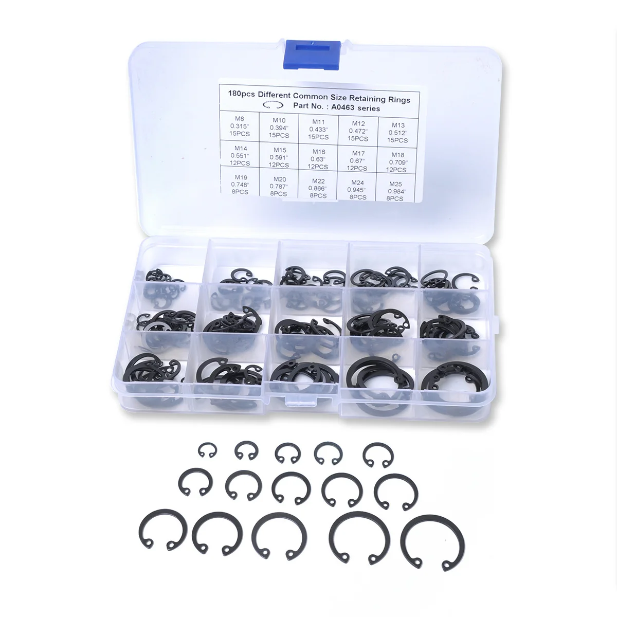 

Auto Accessories New 180-PC Circlip Car Snap Ring Assortment 8 Different Common Size Retaining Rings