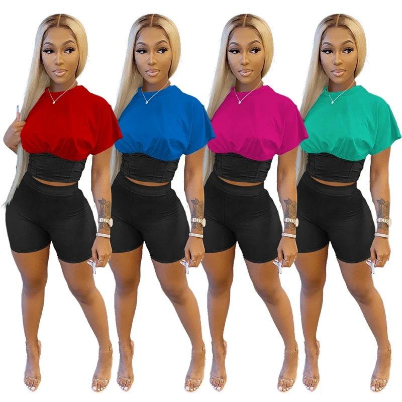 

ZKYZWX Summer Two Piece Set Tracksuit Short Sleeve Crop Top Biker Shorts for Women Loungewear Casual Sporty Wear Matching Sets