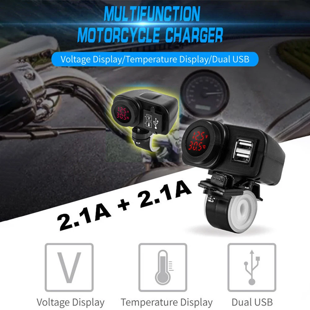 Red LED 12V Motorcycle USB Charger 2.1A+2.1A w/ Digital Voltmeter + Thermometer 12 V/24 VPower Supply Sockets/outlets
Red LED 12V Motorcycle USB Charger 2.1A+2.1A w/ Digital Voltmeter + Thermometer 12 V/24 VPower Supply Sockets/outlets
