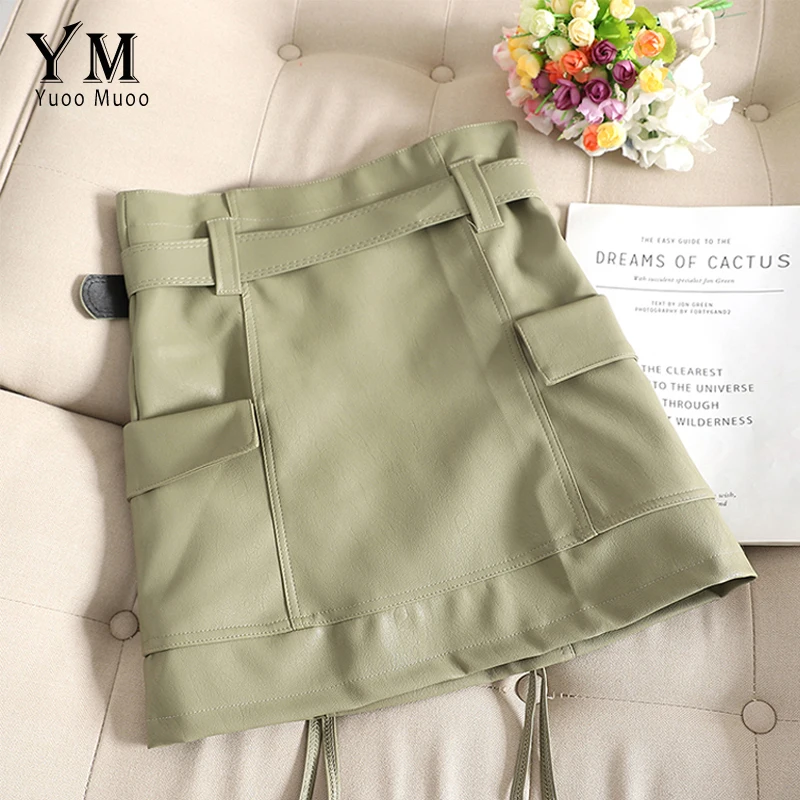 YuooMuoo Hot Big Pockets Cargo Autumn Short Skirts Women 2019 New Good Quality Comfy High Waist Vintage Skirt Leather Sash | Женская