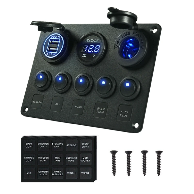 5 Gang Rocker Switch Panel 12-24V RV Car Truck Boat Vehicles ON-Off Ignition Toggle with Voltmeter Dual USB Charger Blue
5 Gang Rocker Switch Panel 12-24V RV Car Truck Boat Vehicles ON-Off Ignition Toggle with Voltmeter Dual USB Charger Blue
