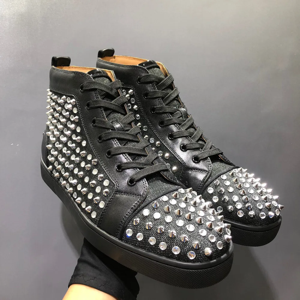 High Top Red Bottom Men Shoes Black Genuine Leather Full Of Rhinestones And Rivets Luxury Ladie Flat Loafers Casual Sports Shoes
High Top Red Bottom Men Shoes Black Genuine Leather Full Of Rhinestones And Rivets Luxury Ladie Flat Loafers Casual Sports Shoes