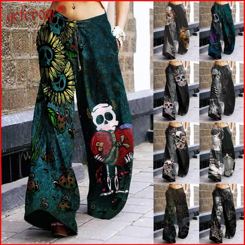 Autumn 2021 Women's Casual Vintage Harajuku Skull Floral Print Boho Punk Wide Leg Pants Halloween Oversized Streetwear Trousers
Autumn 2021 Women's Casual Vintage Harajuku Skull Floral Print Boho Punk Wide Leg Pants Halloween Oversized Streetwear Trousers