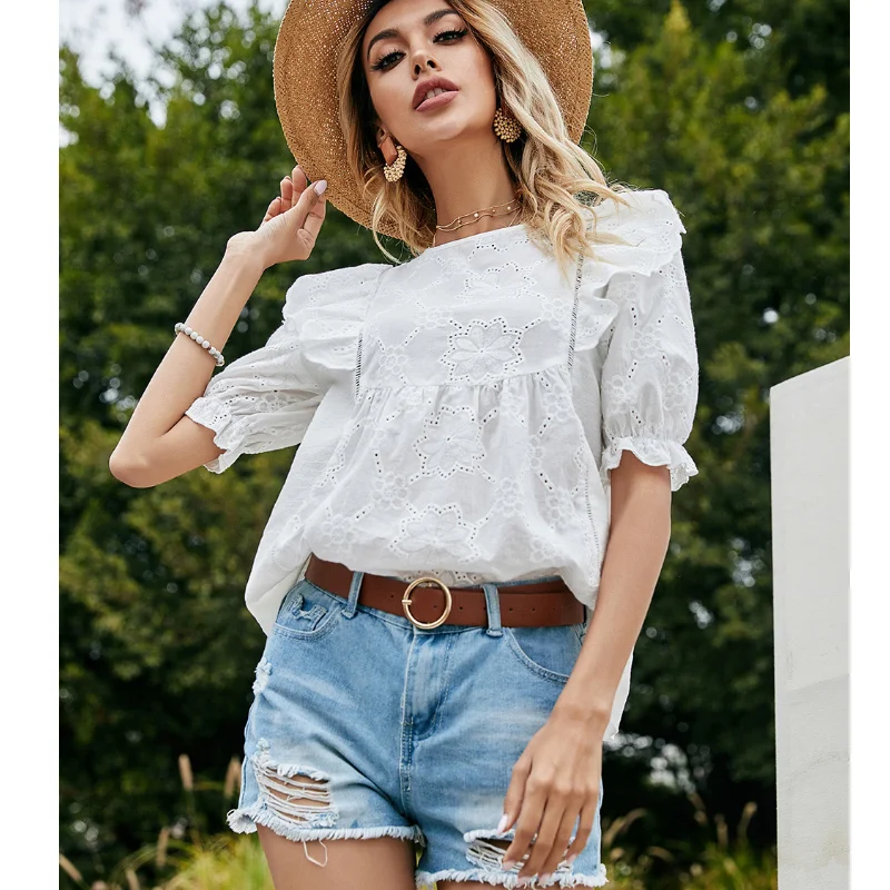 Hollow Out Women's T Shirt Ruffle 2021 Fashion Summer Short-Sleeved Temperament Female Round Collar Pullovers Loose Casual Tops
Hollow Out Women's T Shirt Ruffle 2021 Fashion Summer Short-Sleeved Temperament Female Round Collar Pullovers Loose Casual Tops