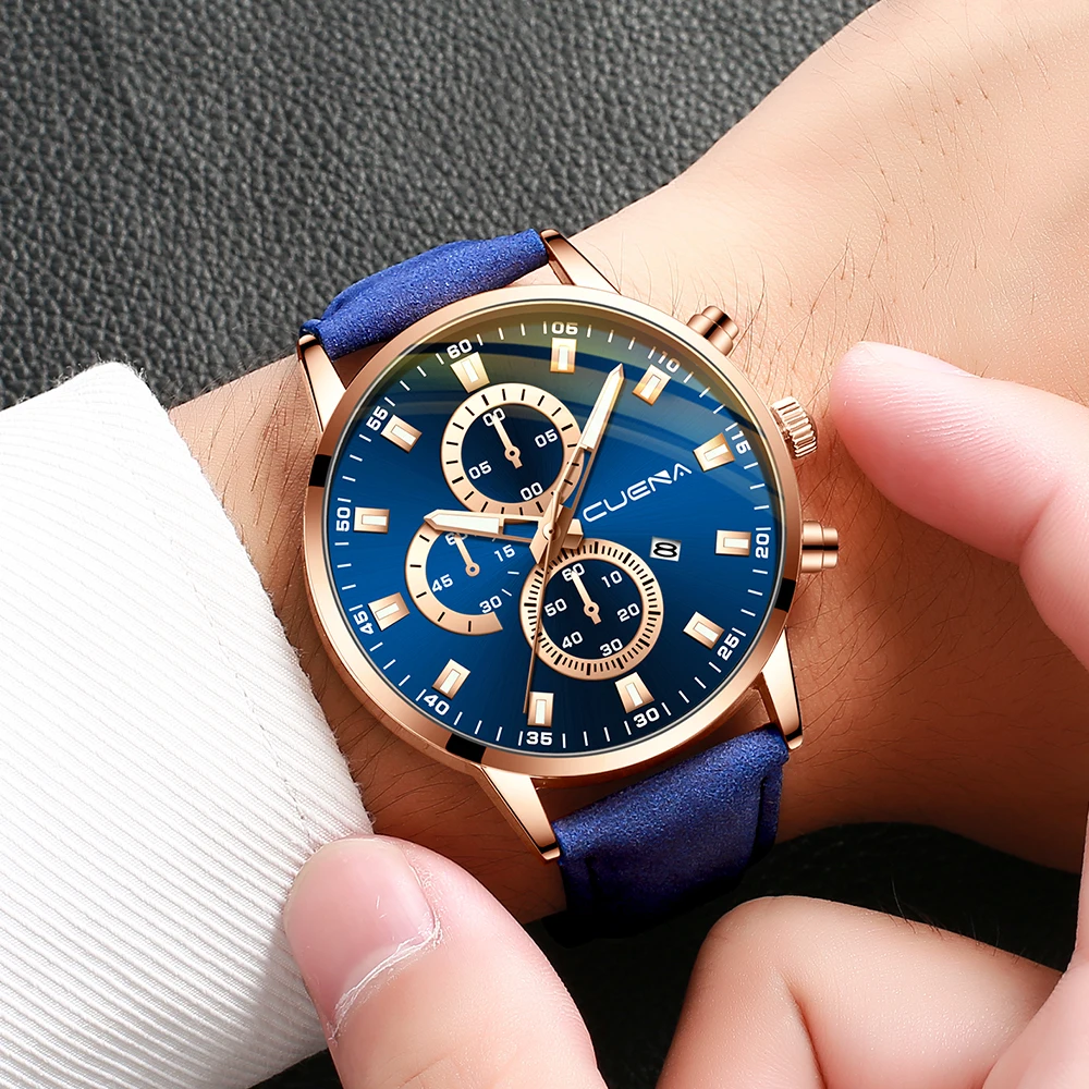 

CUENA Fashion Watches Men Business Casual Leather Belt Watch Three Eyes Six-piece Calendar Quartz Wristwatches Relogio Masculino