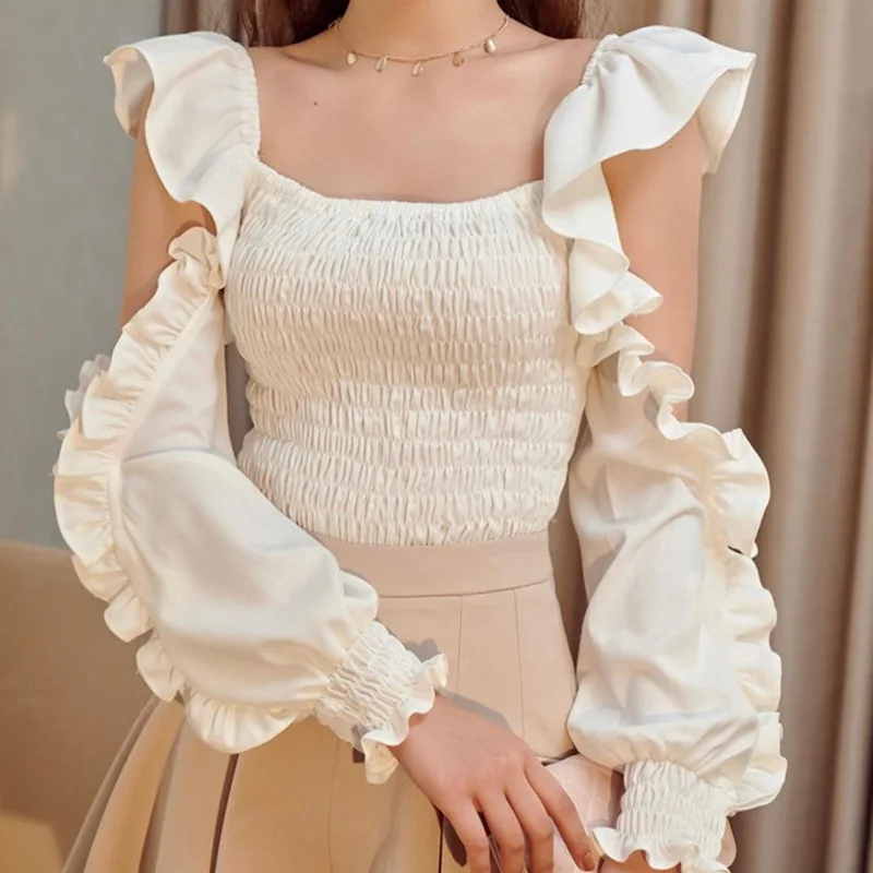 Women Pleated T shirts Ruffles Long Sleeve Crop Tops Square Collar White T shirts Summer Irregular woman tops kawaii clothes y2k
Women Pleated T shirts Ruffles Long Sleeve Crop Tops Square Collar White T shirts Summer Irregular woman tops kawaii clothes y2k