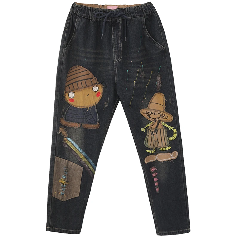 Spring National Wind Hole Jeans Women Cartoon Patchwork Elastic Waist Harem Pants Radish Denim Plus Size Ladies Girl Jeans
Spring National Wind Hole Jeans Women Cartoon Patchwork Elastic Waist Harem Pants Radish Denim Plus Size Ladies Girl Jeans