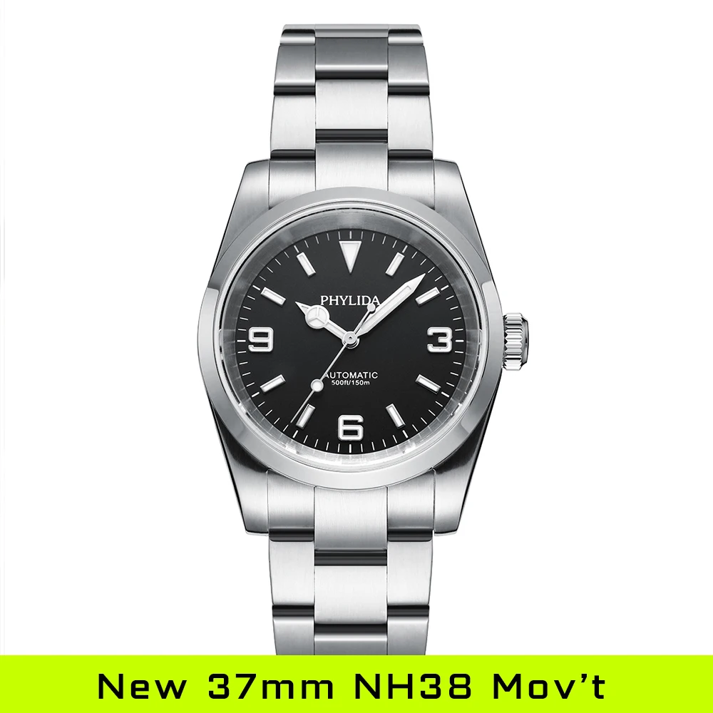 Наручные часы PHYLIDA NH38 мужские с черным циферблатом 37 мм 150 м |
