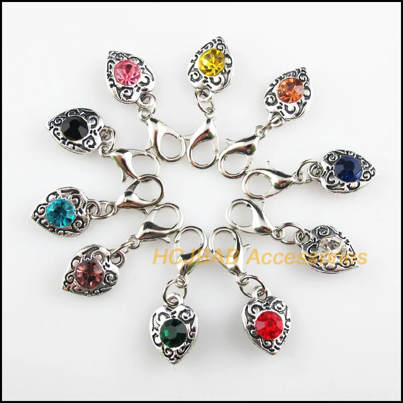 10 New Heart 9.5x13mm Charms Mixed Round Crystal Tibetan Silver Plated Retro With Lobster Claw Clasps 
10 New Heart 9.5x13mm Charms Mixed Round Crystal Tibetan Silver Plated Retro With Lobster Claw Clasps