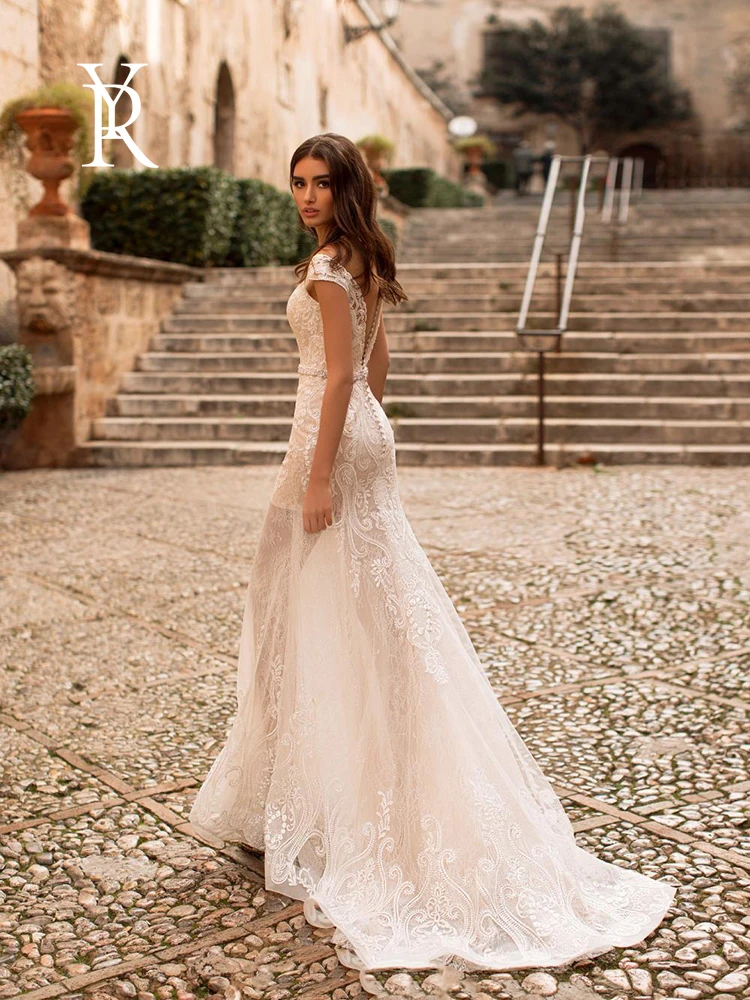 YILIBER Mermaid wedding dress short sleeve v-neck belt decoration wedding gown embroidery applique lace tailing buttons on the b
YILIBER Mermaid wedding dress short sleeve v-neck belt decoration wedding gown embroidery applique lace tailing buttons on the b
