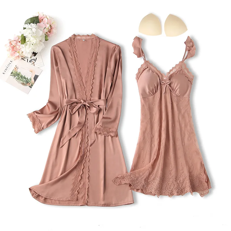 2Pieces Female Fairy Style Satin Lace Robe & Gown Sets Luxury Padded Chest Beautiful Autumn Nightwear Pyjamas Sets Temptation
2Pieces Female Fairy Style Satin Lace Robe & Gown Sets Luxury Padded Chest Beautiful Autumn Nightwear Pyjamas Sets Temptation