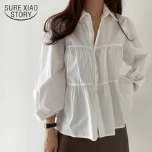 Korean Loose Casual Womens Shirt Vintage French Lapel Pleated Stitching Blouse Puff Sleeve Office Lady White Tops Blusas 15722