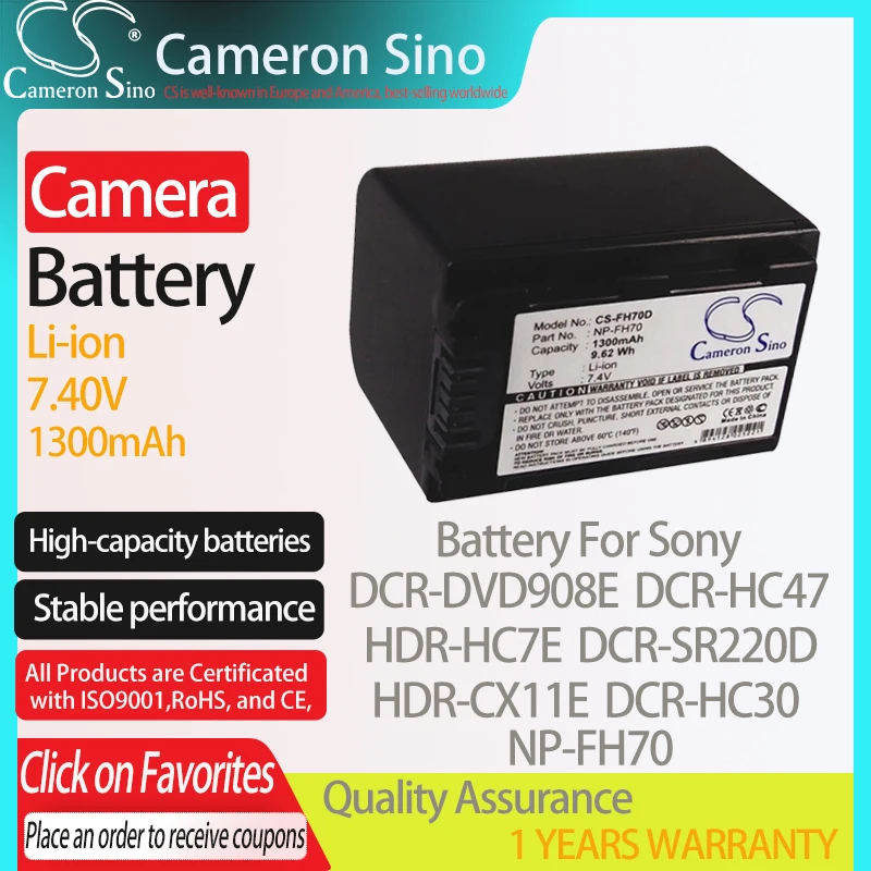 

CameronSino Battery for Sony DCR-DVD908E DCR-HC47 HDR-HC7E DCR-SR220D HDR-CX11E fits Sony NP-FH70 Digital camera Batteries 7.40V