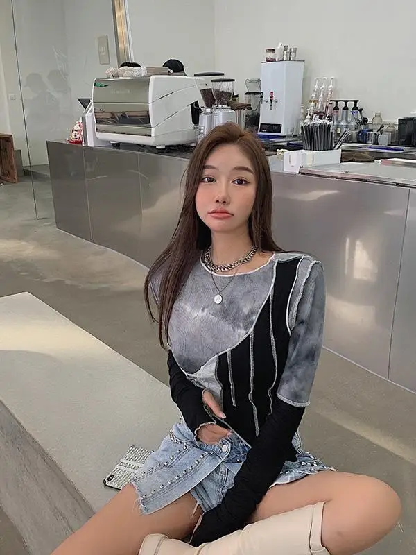 Tie-dye Color Matching Irregular T-shirt Women Sexy Slim Crop Top Chic Design Korean Style Long Sleeve T-shirt Spring Summer
Tie-dye Color Matching Irregular T-shirt Women Sexy Slim Crop Top Chic Design Korean Style Long Sleeve T-shirt Spring Summer