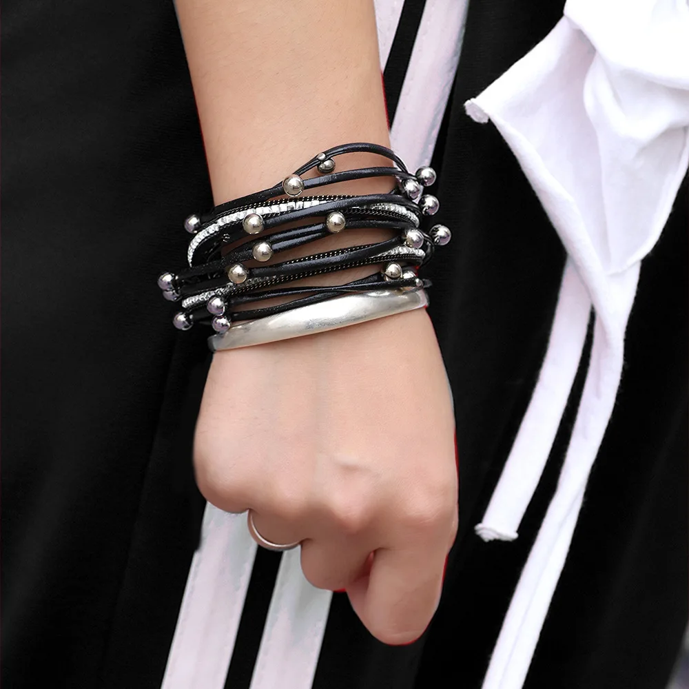 2020 New Handmade Rhinestone Crystal Multilayer Black Gold Leather Wrap Bracelet Female Magnetic Bracelets Pulseira Feminina
2020 New Handmade Rhinestone Crystal Multilayer Black Gold Leather Wrap Bracelet Female Magnetic Bracelets Pulseira Feminina